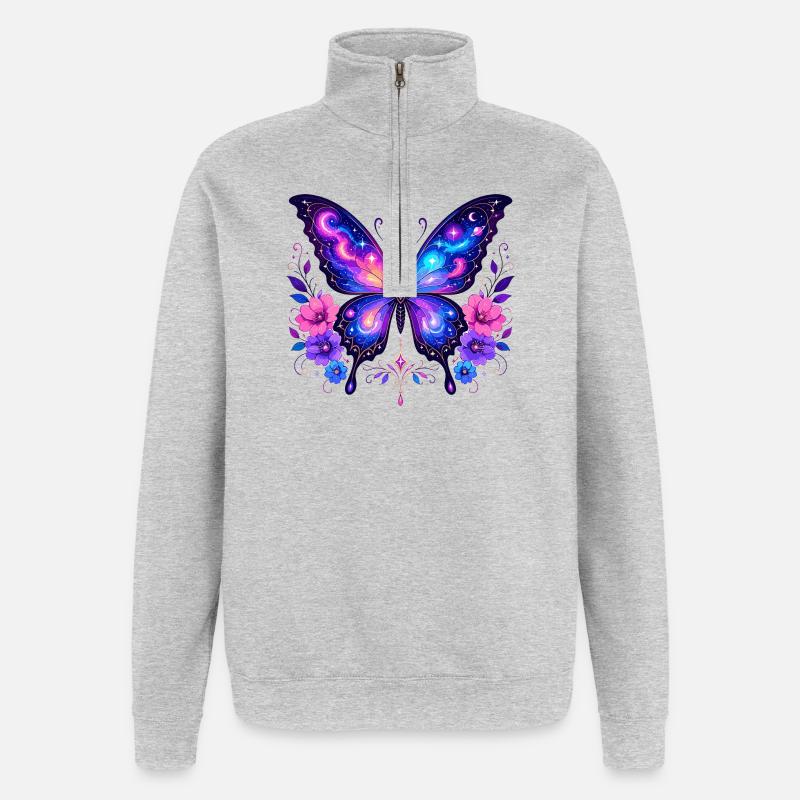 Papillon Galaxie aux Fleurs - Sweat à zip 1/4 - gris chiné