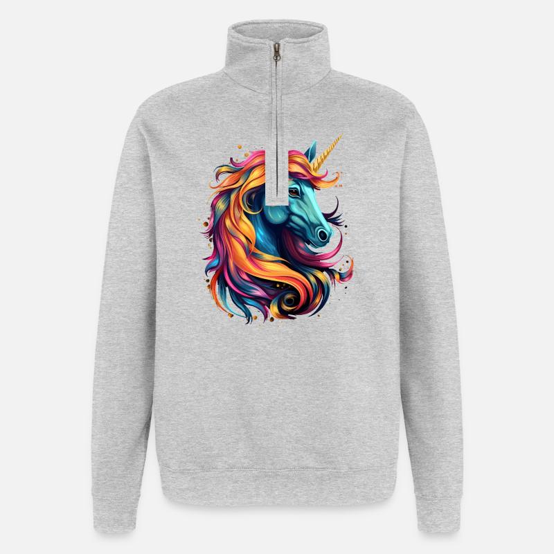 Regenbogen-Einhorn Kopfkunst - Quarter-Zip-Sweatshirt - Grau meliert
