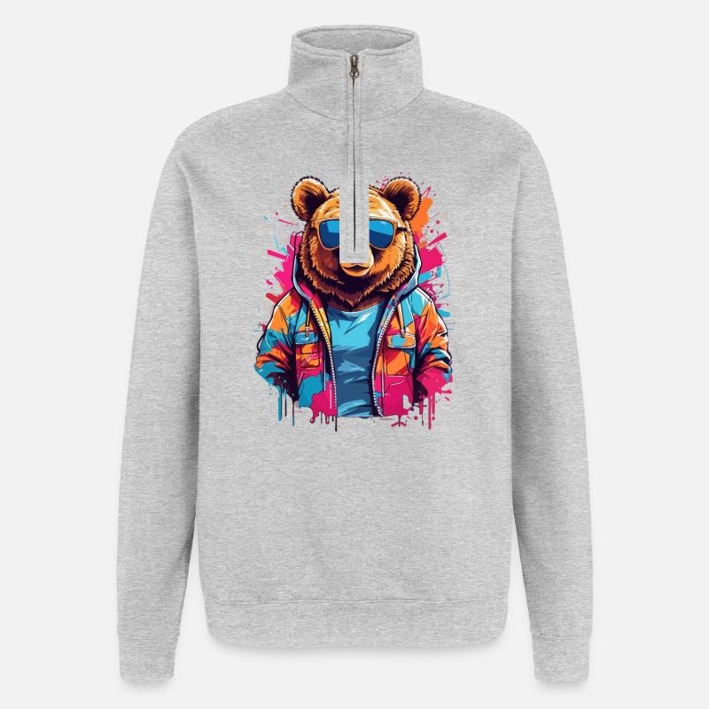 Neonbär in bunter Hoodie - Quarter-Zip-Sweatshirt - Grau meliert