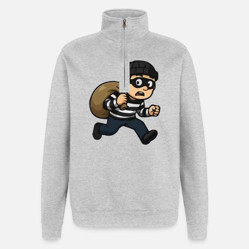 Cartoon-Dieb mit Maske und Beutel - Quarter-Zip-Sweatshirt - Grau meliert