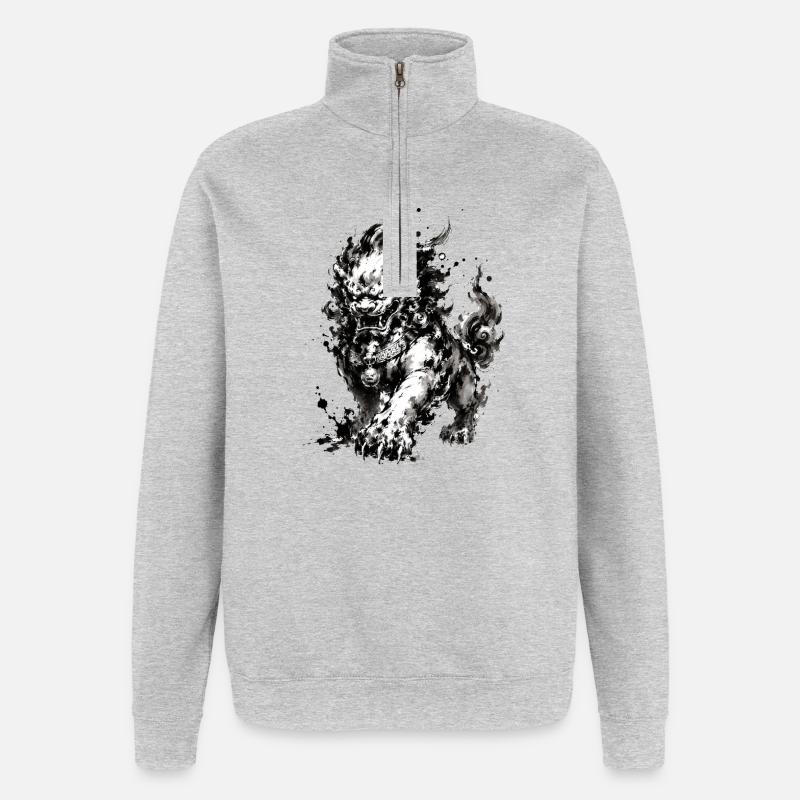 Ink Foo Chien Gardien - Sweat à zip 1/4 - gris chiné