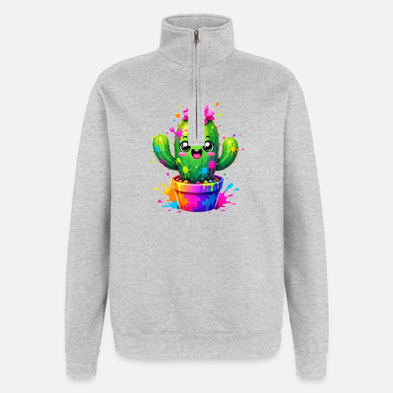 Cactus Joyeuses Fleurs Éclaboussurées - Sweat à zip 1/4 - gris chiné