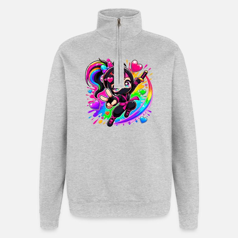 Regenbogen Ninja mit Herzen - Quarter-Zip-Sweatshirt - Grau meliert
