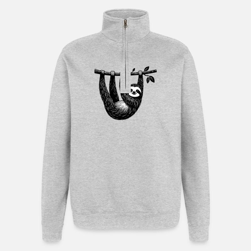 Faultier am Ast – Chillige Illustration - Quarter-Zip-Sweatshirt - Grau meliert