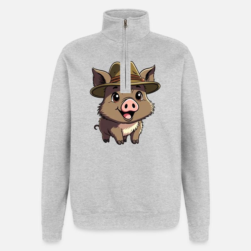 Wildschwein mit Hut - Quarter-Zip-Sweatshirt - Grau meliert