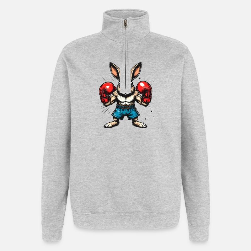 Boxender Hase mit Boxhandschuhen - Quarter-Zip-Sweatshirt - Grau meliert