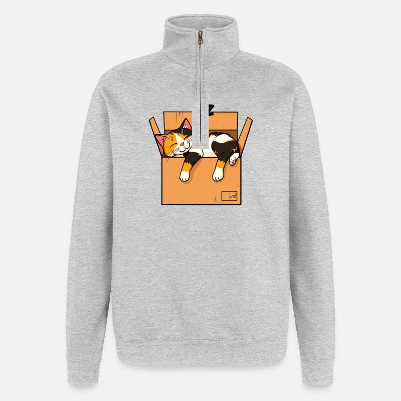 Katze schläft im Karton - Quarter-Zip-Sweatshirt - Grau meliert