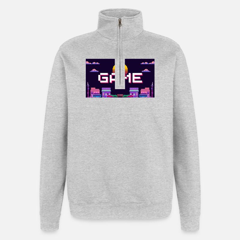 Rétro Pixel Game Sunset Design - Sweat à zip 1/4 - gris chiné