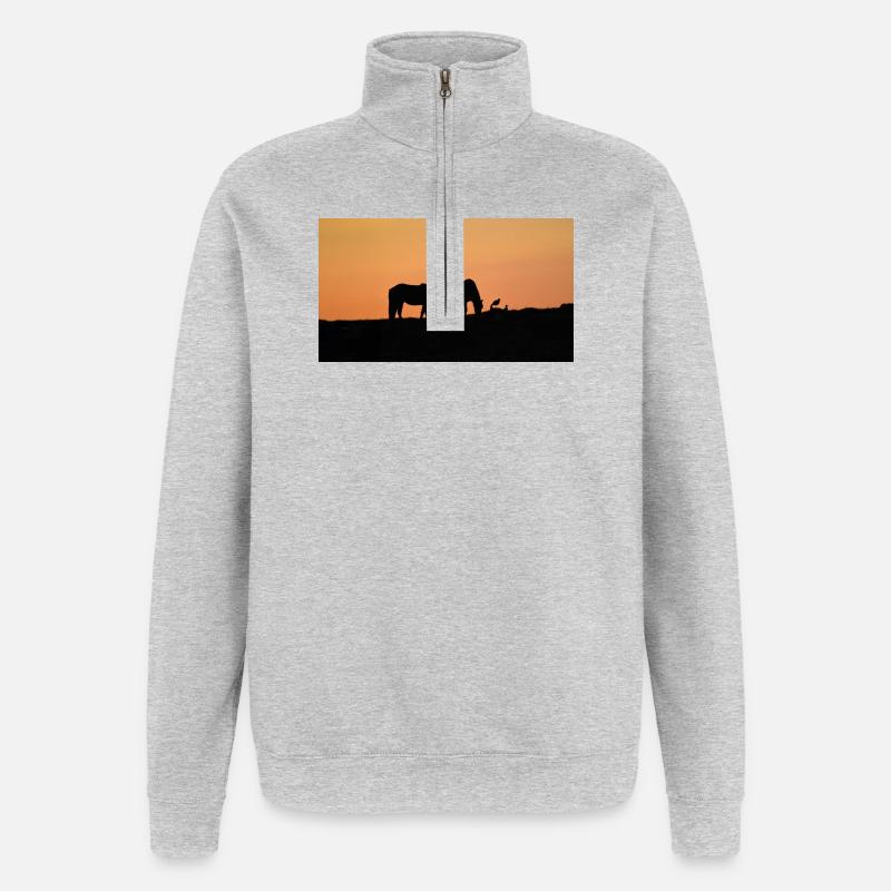 Chevaux islandais au coucher du soleil - Sweat à zip 1/4 - gris chiné