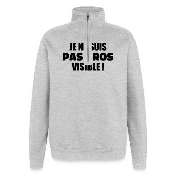 Humour : Je ne suis pas gros, je suis visible ! - Sweat à zip 1/4 - gris chiné - Devant - AI Model Female 172 light (172cm) & AI Model Male 178 dark (178cm)