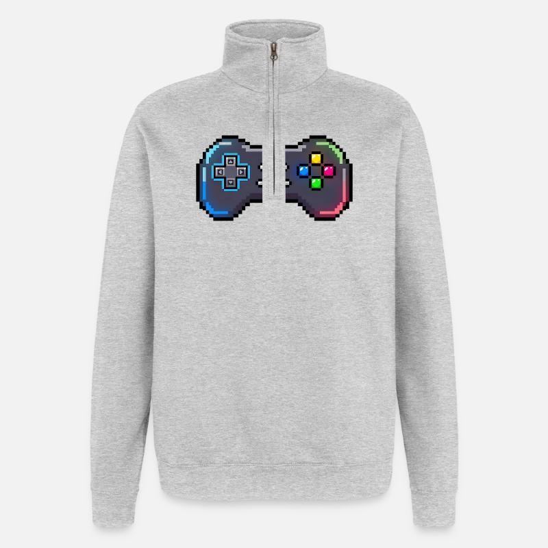 Retro-Gamepad Neon-Pixelstil - Quarter-Zip-Sweatshirt - Grau meliert