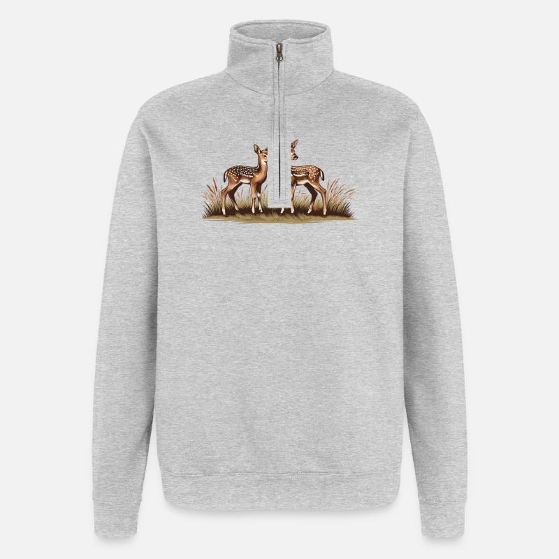 Rehe auf Wiese - Quarter-Zip-Sweatshirt - Grau meliert
