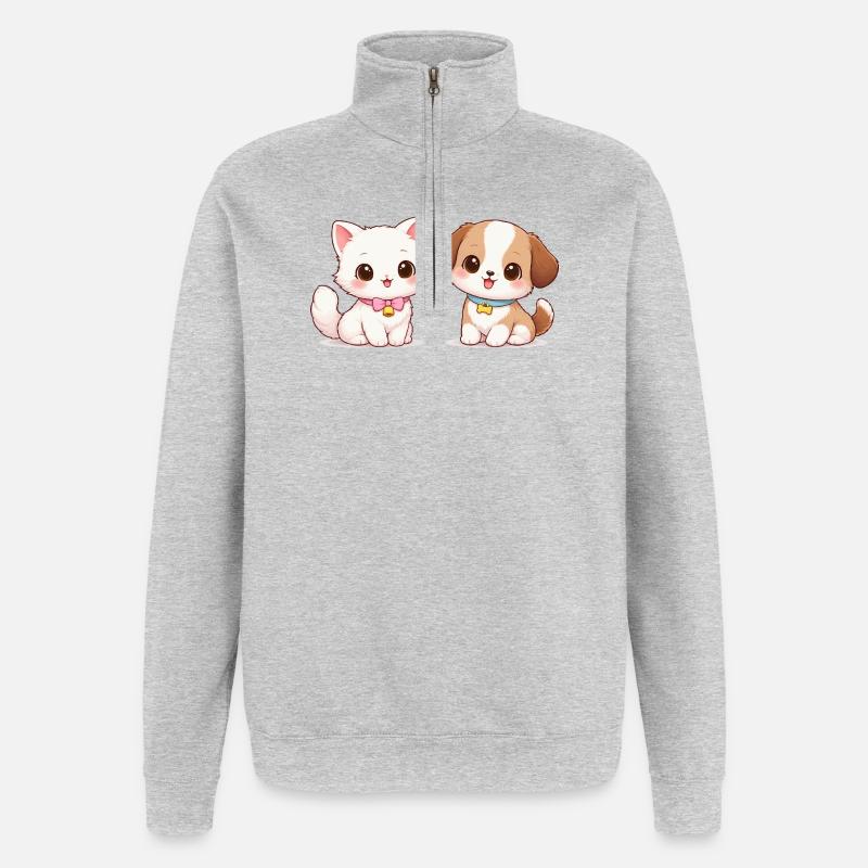 Hund Katze Comic - Quarter-Zip-Sweatshirt - Grau meliert