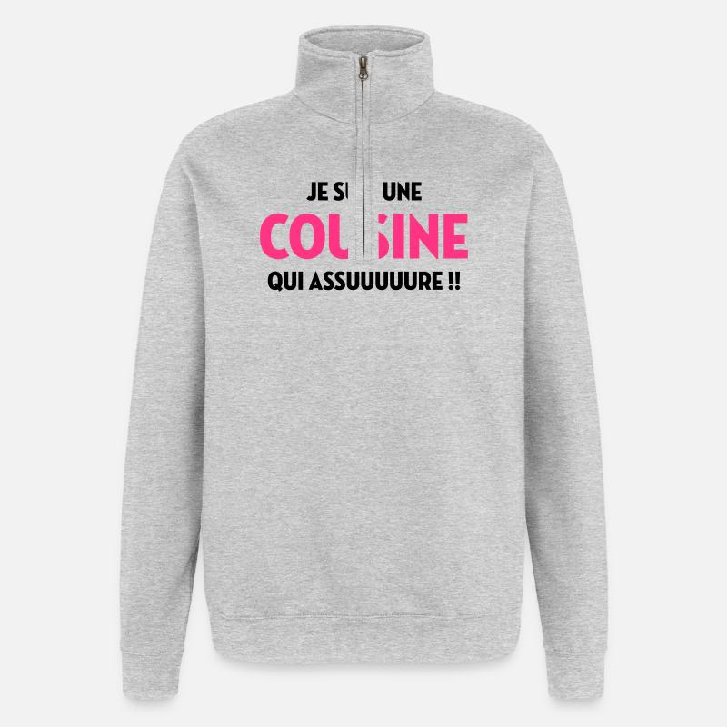Cousine / Cousin / Bébé / Naissance / Baby - Sweat à zip 1/4 - gris chiné
