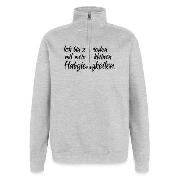Habgierigkeiten - Quarter-Zip-Sweatshirt - Grau meliert - Vorne - AI Model Female 172 light (172cm) & AI Model Male 178 dark (178cm)