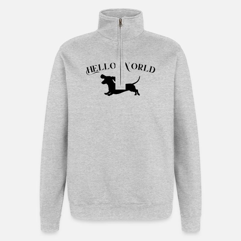 Hello World mit Dackel - Quarter-Zip-Sweatshirt - Grau meliert