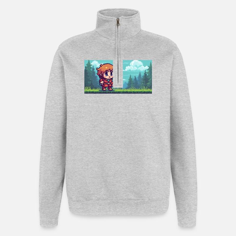 Pixelheld im Waldabenteuer Gaming Szene - Quarter-Zip-Sweatshirt - Grau meliert