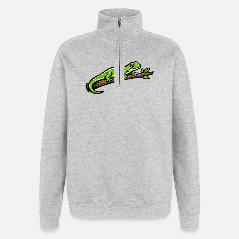 Gecko vert sur branche – illustration éclatante - Sweat à zip 1/4 - gris chiné