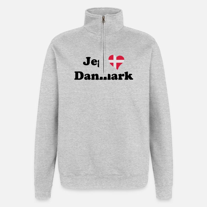 Jeg elsker Danmark - I love Denmark. - Sweatshirt med 1/4 lynlås - grå meleret