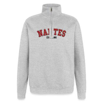 Nantes fondée en 1986 - Sweat à zip 1/4 - gris chiné - Devant - AI Model Female 172 light (172cm) & AI Model Male 178 dark (178cm)