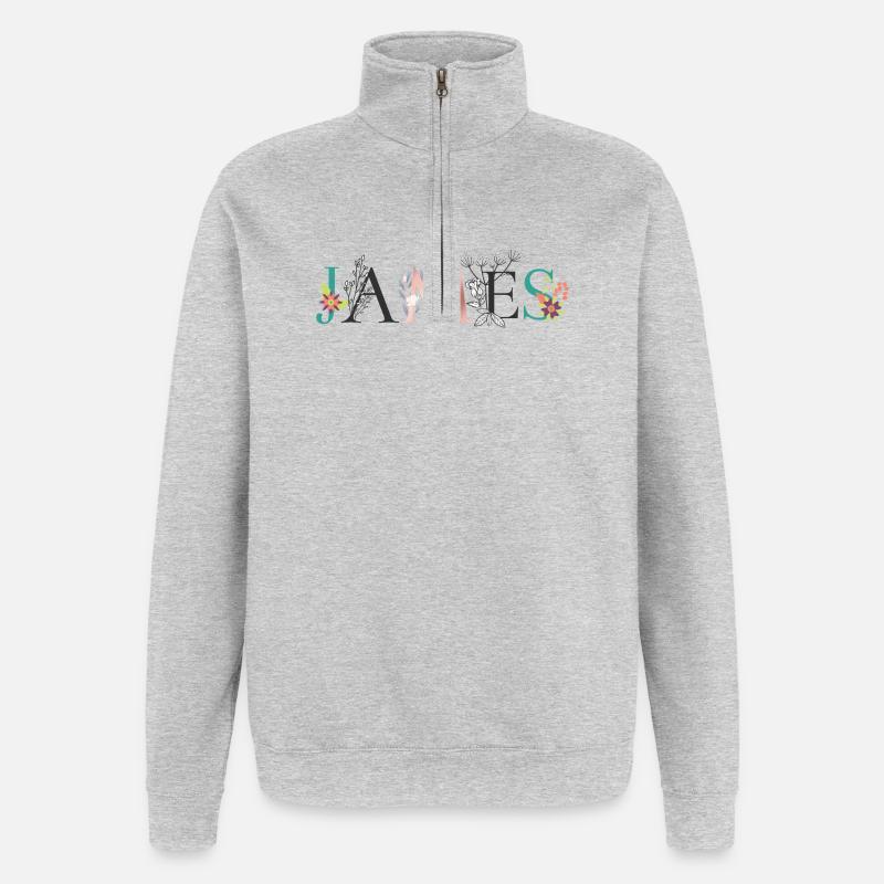 Art du nom JAMES avec fleurs brodées - Sweat à zip 1/4 - gris chiné
