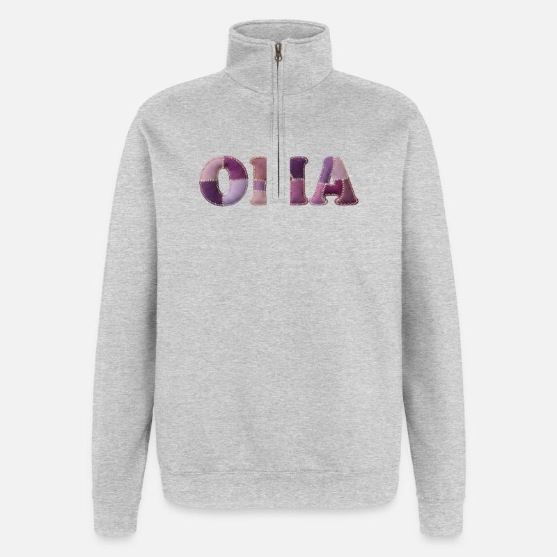 OMA Patchwork Stoff Design Geschenkidee - Quarter-Zip-Sweatshirt - Grau meliert