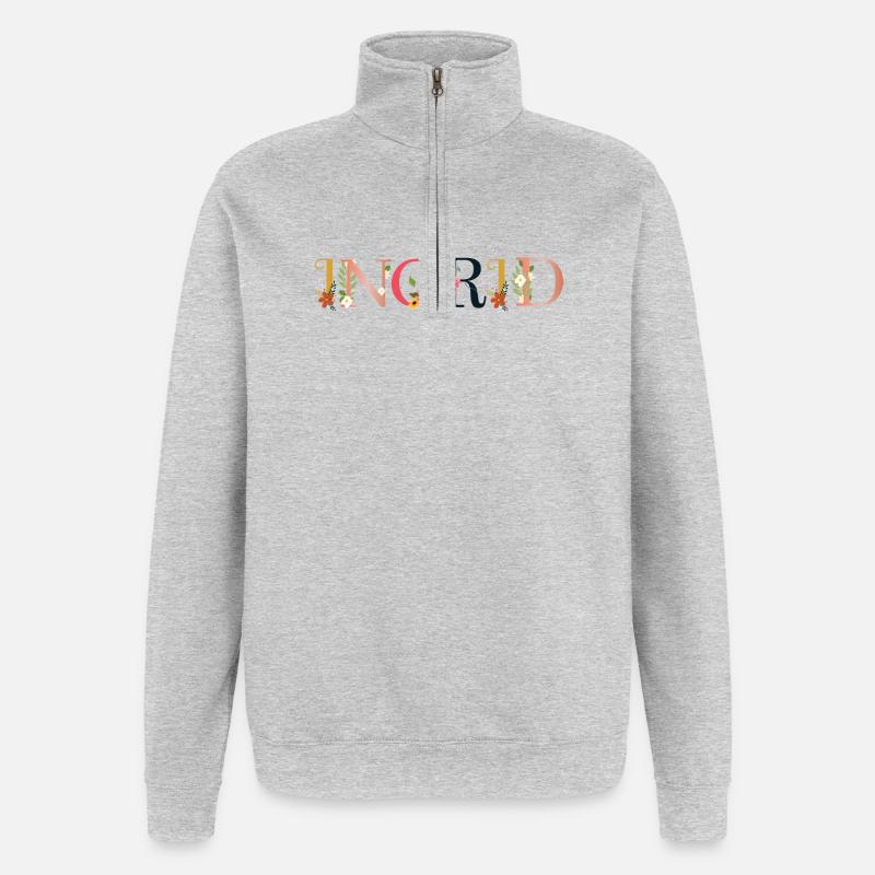 Le nom INGRID est fleuri - Sweat à zip 1/4 - gris chiné