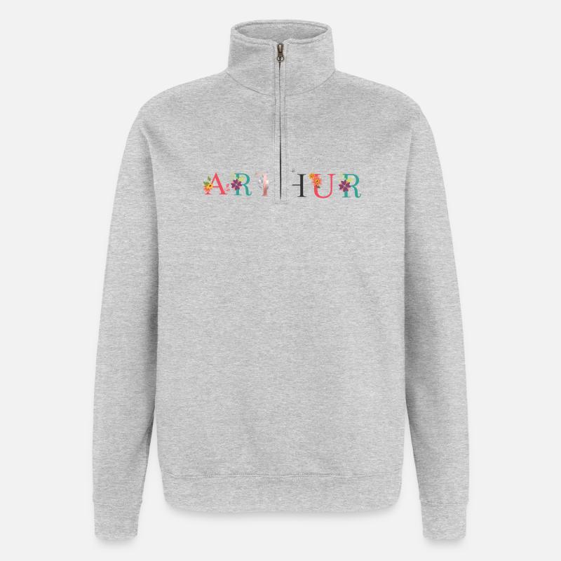 Art du nom ARTHUR avec fleurs brodées - Sweat à zip 1/4 - gris chiné