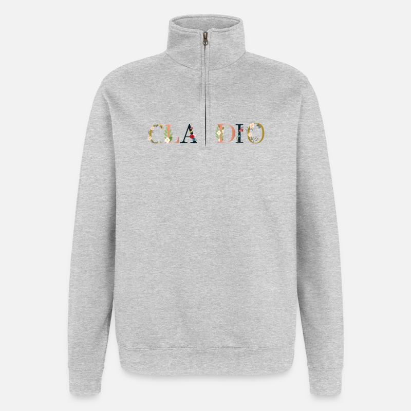 CLAUDIO Name mit Blumen geschmückt - Quarter-Zip-Sweatshirt - Grau meliert