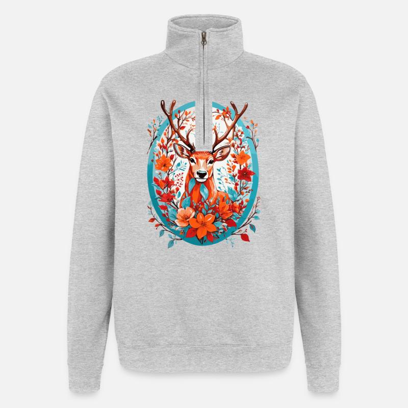Hirsch mit Blumen - Quarter-Zip-Sweatshirt - Grau meliert