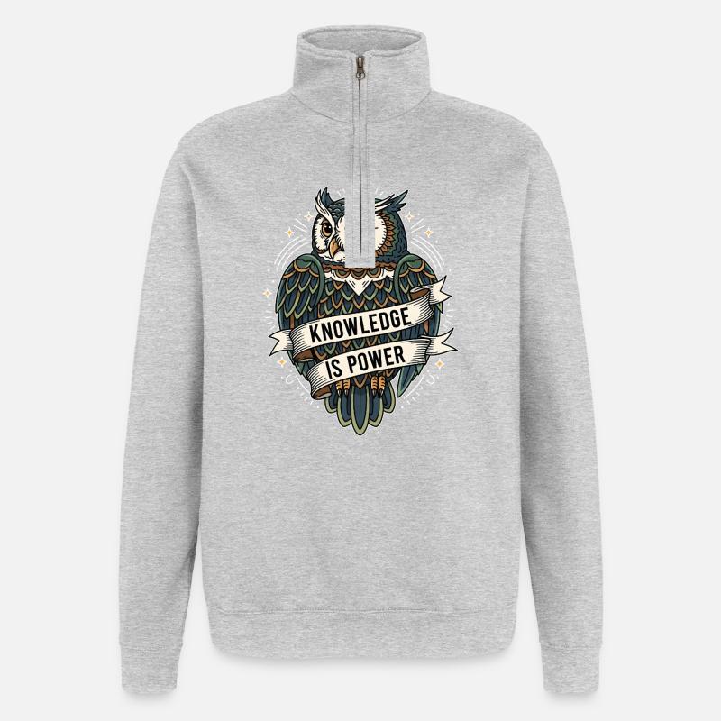 Knowledge Is Power Eule - Quarter-Zip-Sweatshirt - Grau meliert