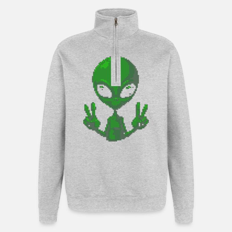 Pixel Alien Peace Sign Tee - Quarter-Zip Sweatshirt - heather grey