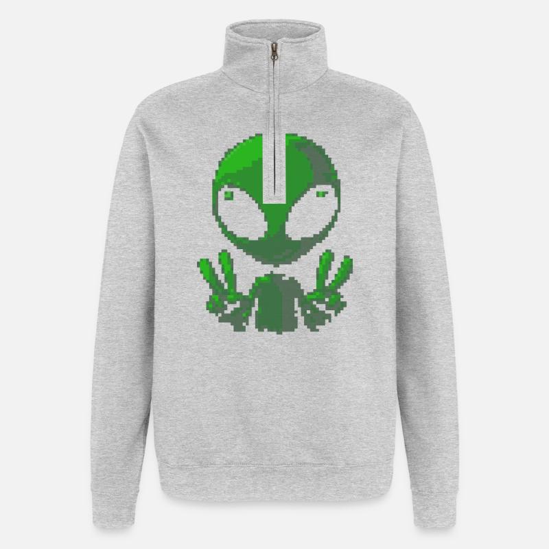 Pixel grünes Alien-Friedenszeichen - Quarter-Zip-Sweatshirt - Grau meliert