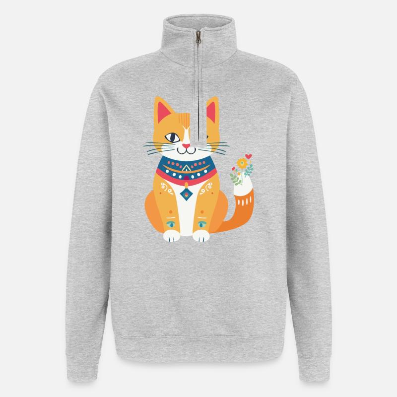 mignon chat folklore - Sweat à zip 1/4 - gris chiné