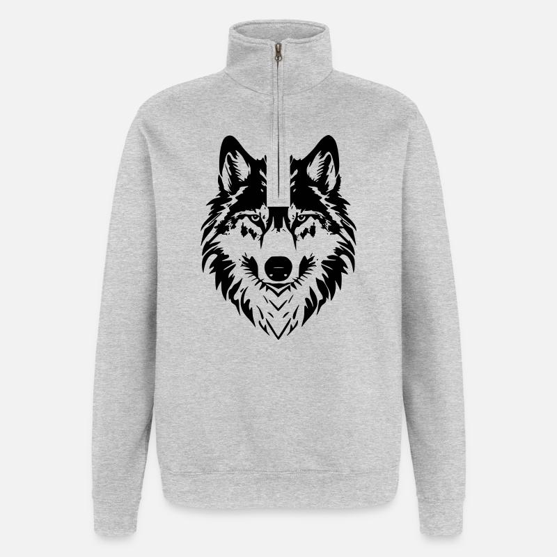 Wolf Head Art - Tête de Loup - Sweat à zip 1/4 - gris chiné