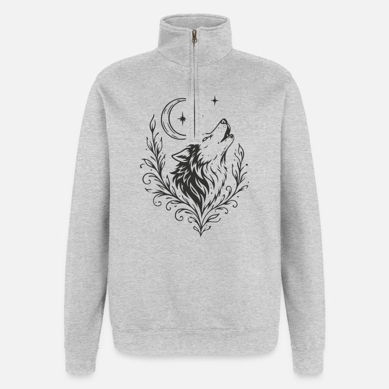 Wolf with Moon – Mystical Nature Motif - Quarter-Zip Sweatshirt - heather grey