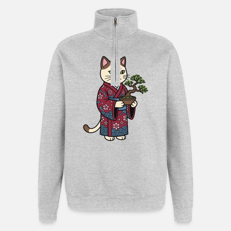 Chat japonais - Sweat à zip 1/4 - gris chiné