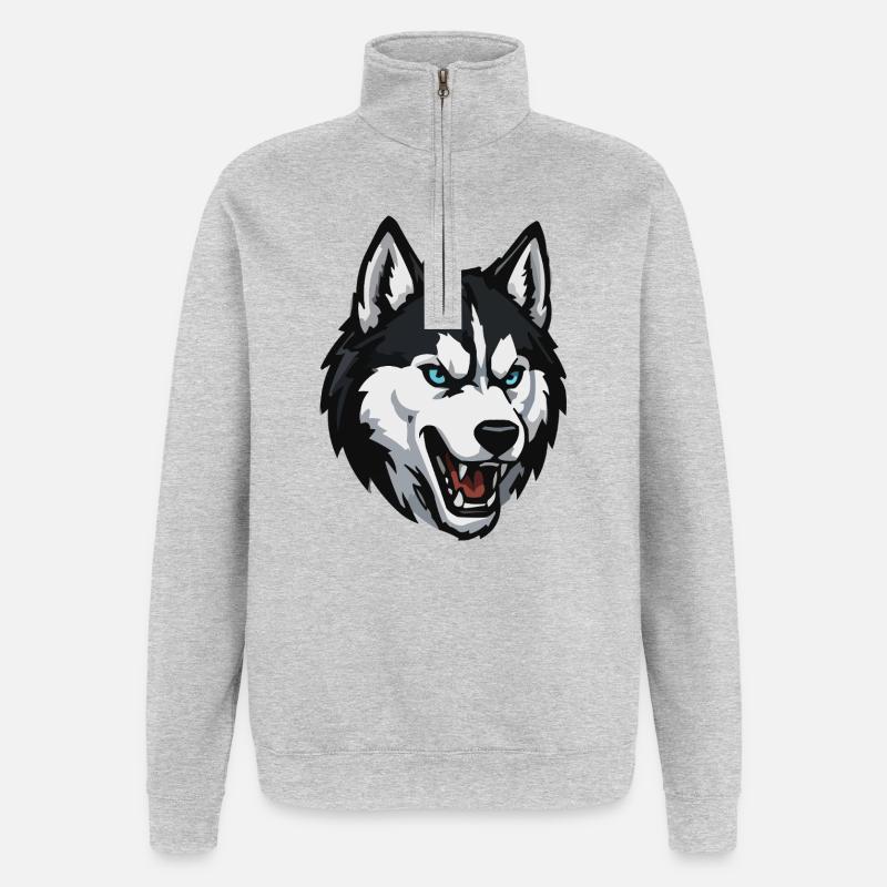 Wolfskopf mit blauem Blick - Quarter-Zip-Sweatshirt - Grau meliert