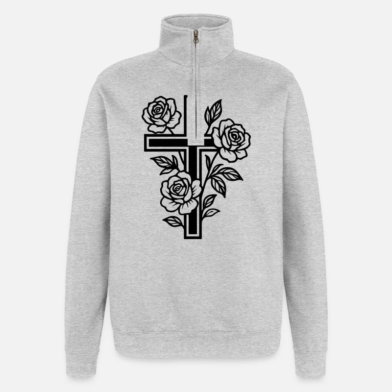 Fleurs à symbole de croix - Sweat à zip 1/4 - gris chiné