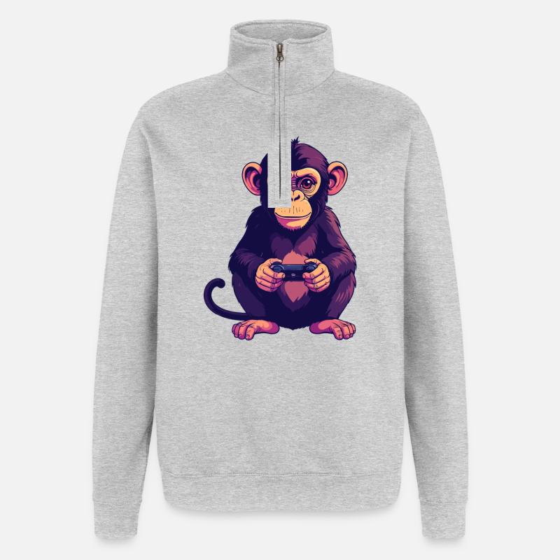 Affe am Controller zockt Konsole Gaming - Quarter-Zip-Sweatshirt - Grau meliert