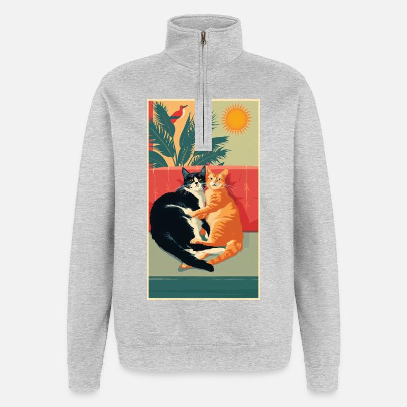Deux chats dans un moment rétro - Sweat à zip 1/4 - gris chiné