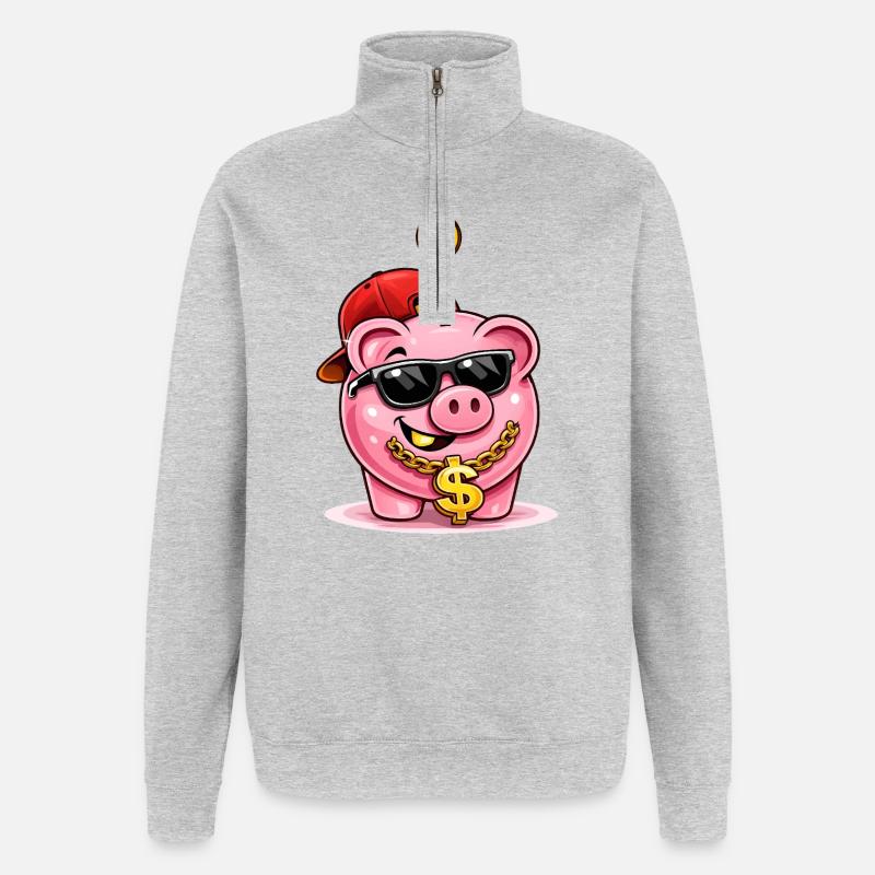 Cooles Sparschwein mit Dollar-Kette - Quarter-Zip-Sweatshirt - Grau meliert