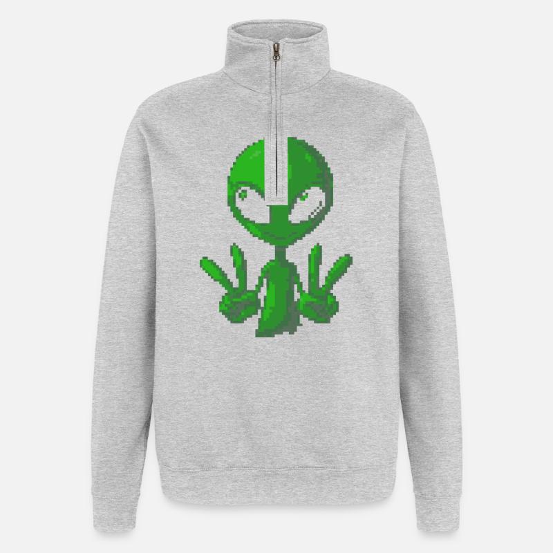 Pixel grünes Alien-Peace-Zeichen-Tee - Quarter-Zip-Sweatshirt - Grau meliert