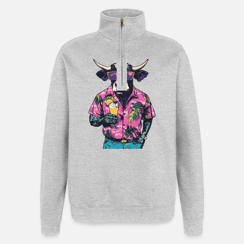 Kuh Comic Sommer - Quarter-Zip-Sweatshirt - Grau meliert