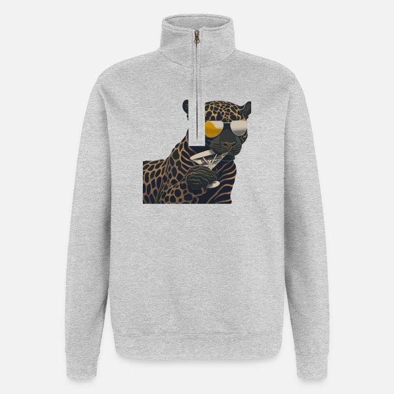 Cooler Leopard mit Sonnenbrille und Glas - Quarter-Zip-Sweatshirt - Grau meliert