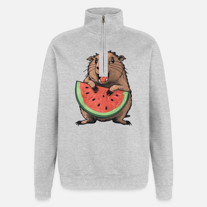 Capybara mangeant de la pastèque - Sweat à zip 1/4 - gris chiné