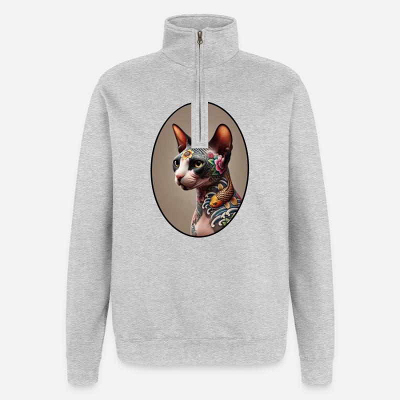 Tätowierte Sphynxkatze - Quarter-Zip-Sweatshirt - Grau meliert