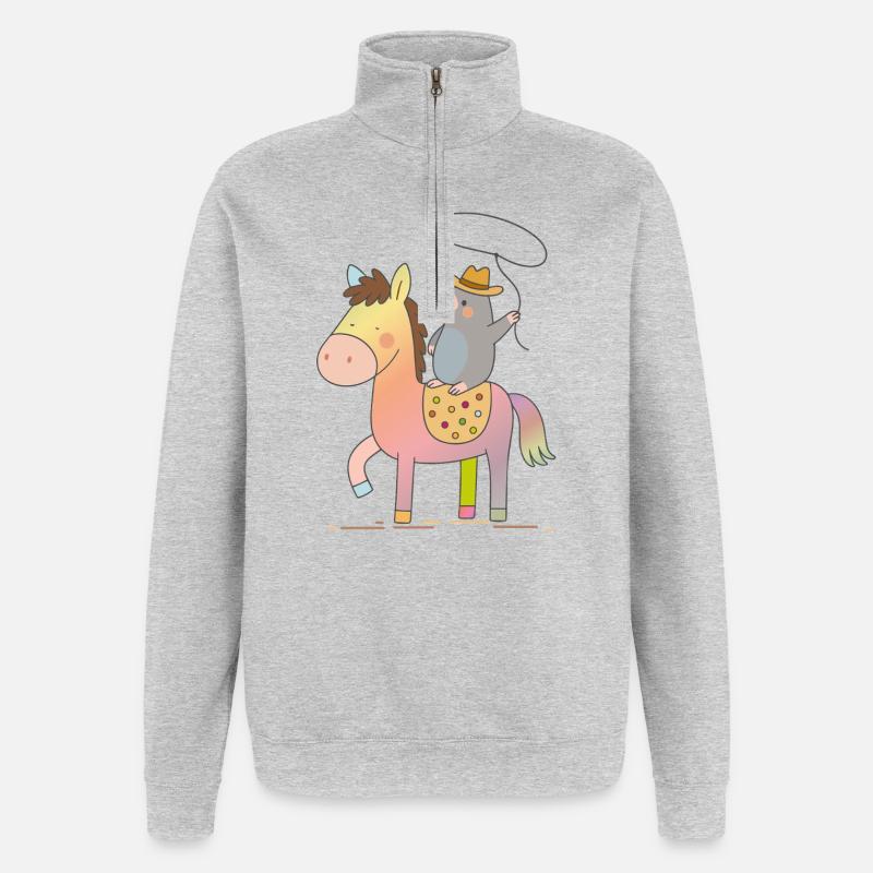Fröhlicher Maulwurf reitet auf buntem Pferd - Quarter-Zip-Sweatshirt - Grau meliert