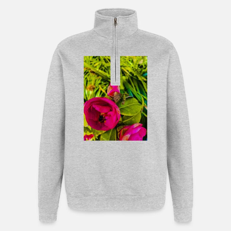 Roses roses dans le jardin vert - Sweat à zip 1/4 - gris chiné