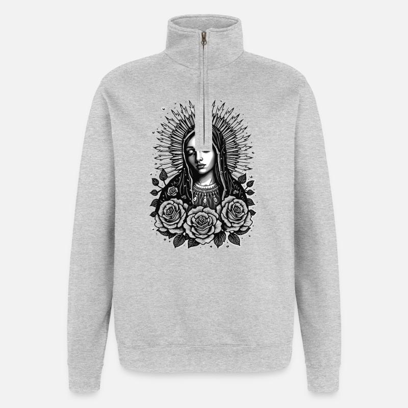 Dunkle Maria mit Rosenkranz - Quarter-Zip-Sweatshirt - Grau meliert